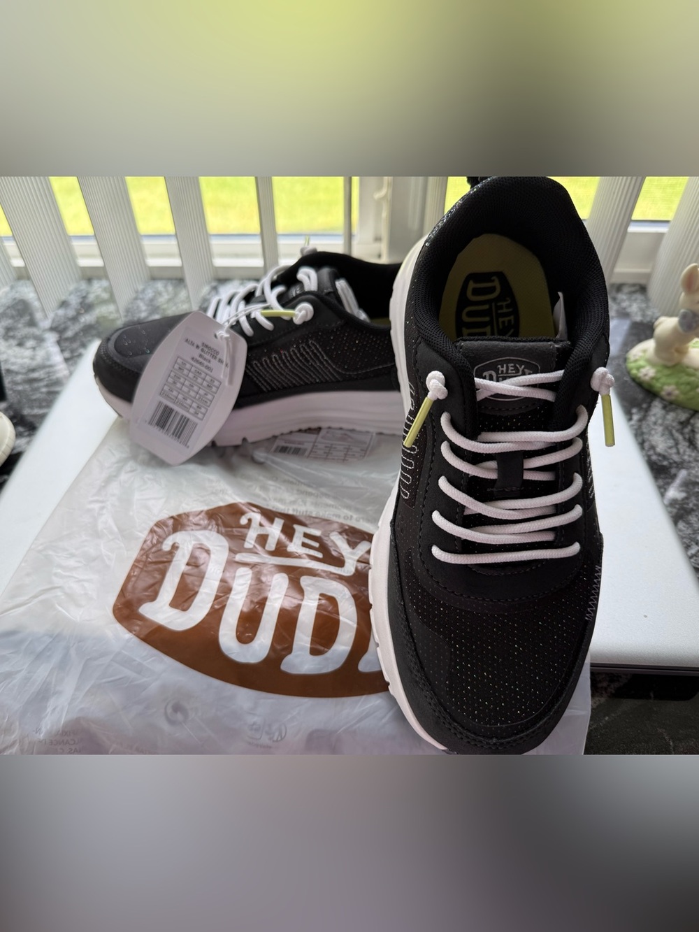 NWT Hey Dude Black Glitter Sirocco Alta W Sneaker with White Laces.